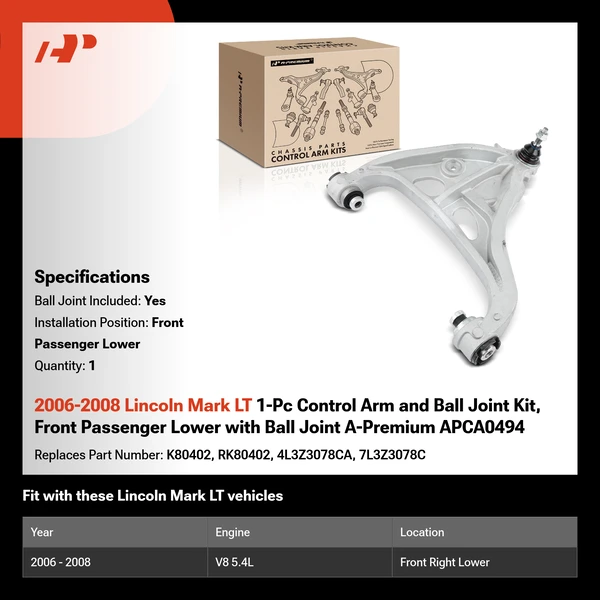 2006-2008 Lincoln Mark LT 1-Pc Control Arm and Ball Joint Kit, Front Passenger Lower with Ball Joint A-Premium APCA0494