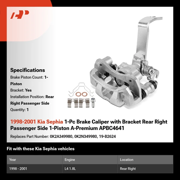1998-2001 Kia Sephia 1-Pc Brake Caliper with Bracket Rear Right Passenger Side 1-Piston A-Premium APBC4641