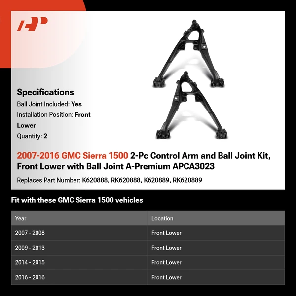 2007-2016 GMC Sierra 1500 2-Pc Control Arm and Ball Joint Kit, Front Lower with Ball Joint A-Premium APCA3023