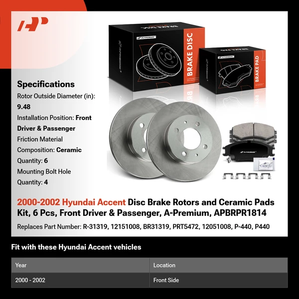 2000-2002 Hyundai Accent Disc Brake Rotors and Ceramic Pads Kit, 6 Pcs, Front Driver & Passenger, A-Premium, APBRPR1814