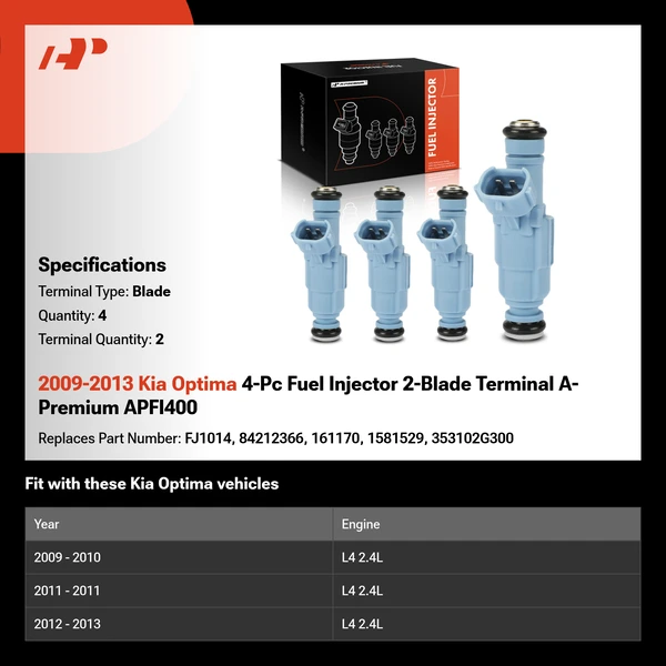 2009-2013 Kia Optima 4-Pc Fuel Injector 2-Blade Terminal A-Premium APFI400