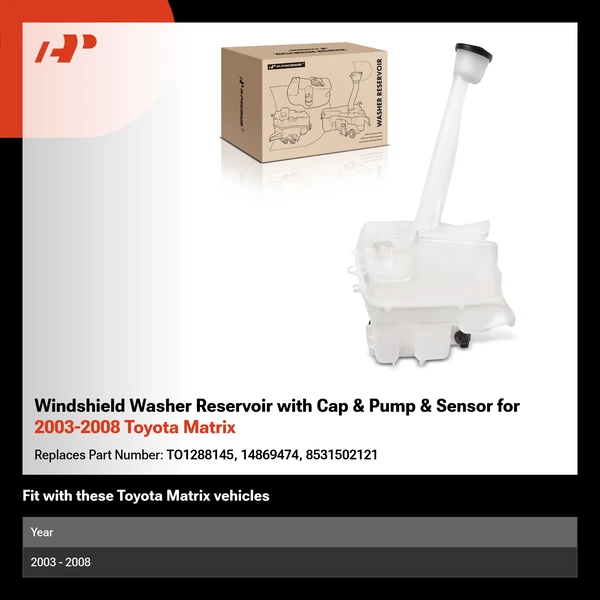 Windshield Washer Reservoir with Cap & Pump & Sensor for 2003-2008 Toyota Matrix