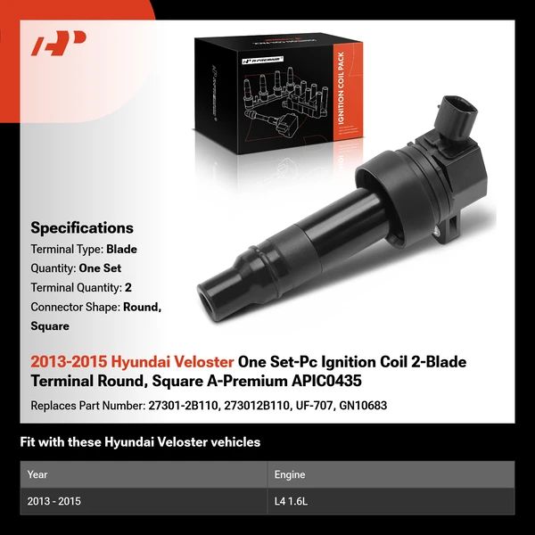 2013-2015 Hyundai Veloster One Set-Pc Ignition Coil 2-Blade Terminal Round, Square A-Premium APIC0435
