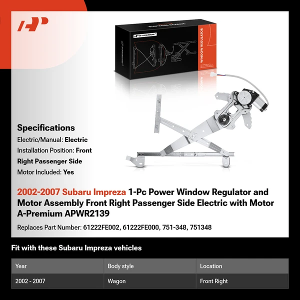 2002-2007 Subaru Impreza 1-Pc Power Window Regulator and Motor Assembly Front Right Passenger Side Electric with Motor A-Premium APWR2139