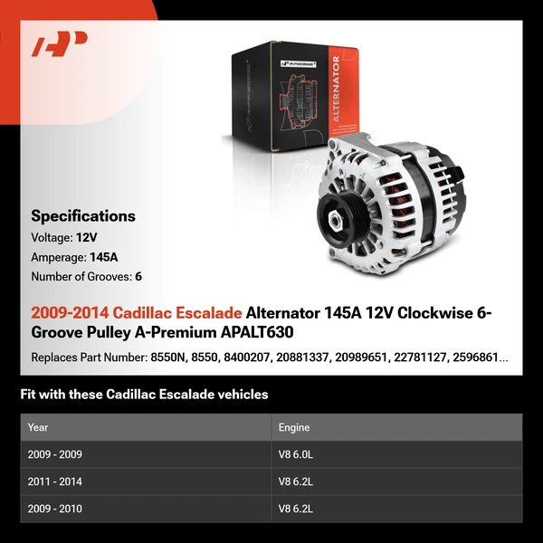 2009-2014 Cadillac Escalade Alternator 145A 12V Clockwise 6-Groove Pulley A-Premium APALT630