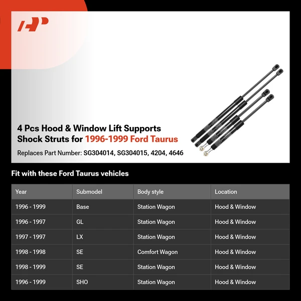 4 Pcs Hood & Window Lift Supports Shock Struts for 1996-1999 Ford Taurus