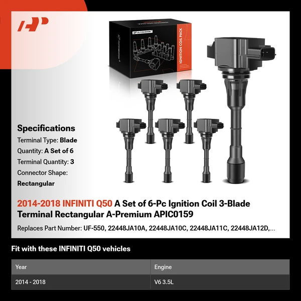 2014-2018 INFINITI Q50 A Set of 6-Pc Ignition Coil 3-Blade Terminal Rectangular A-Premium APIC0159