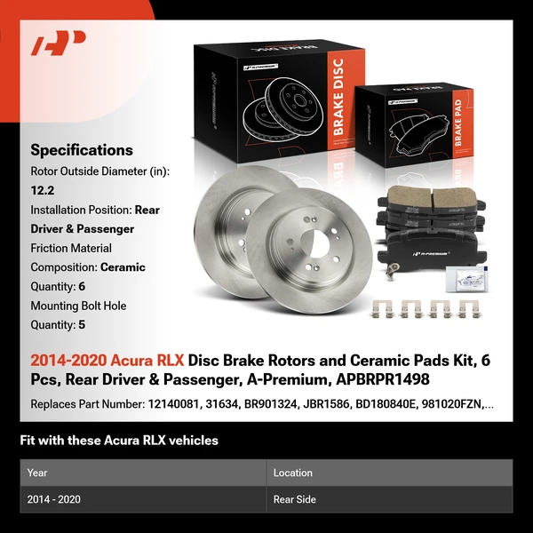 2014-2020 Acura RLX Disc Brake Rotors and Ceramic Pads Kit, 6 Pcs, Rear Driver & Passenger, A-Premium, APBRPR1498