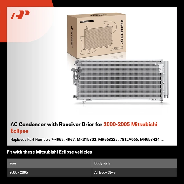 AC Condenser with Receiver Drier for 2000-2005 Mitsubishi Eclipse