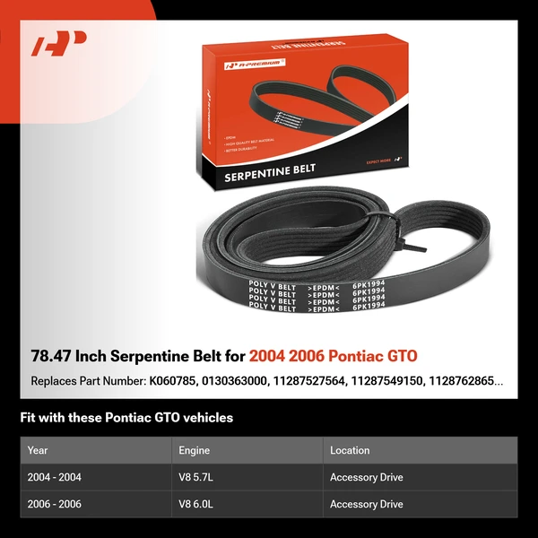 78.47 Inch Serpentine Belt for 2004 2006 Pontiac GTO