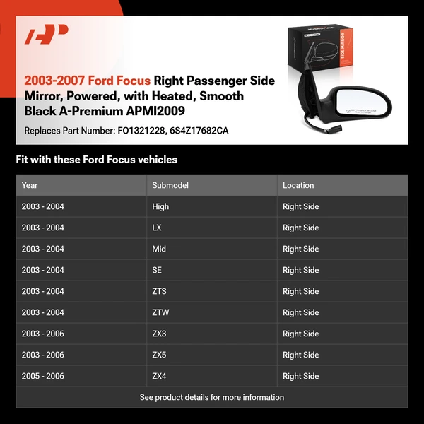 2003-2007 Ford Focus Right Passenger Side Mirror, Powered, with Heated, Smooth Black A-Premium APMI2009