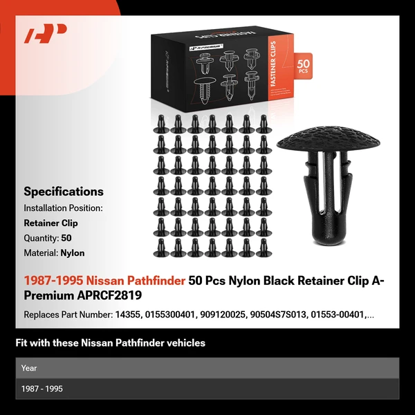 1987-1995 Nissan Pathfinder 50 Pcs Nylon Black Retainer Clip A-Premium APRCF2819