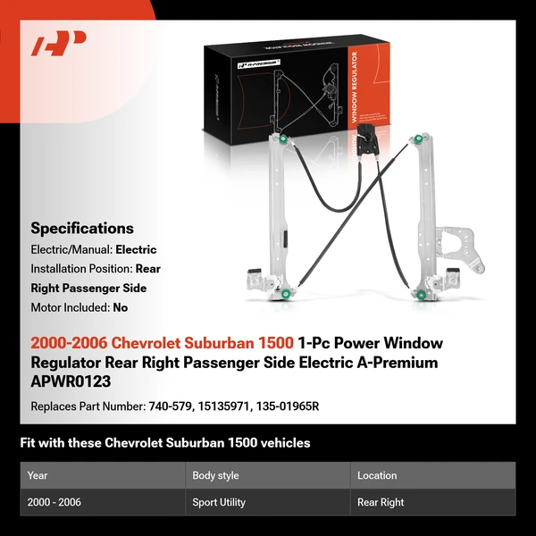 2000-2006 Chevrolet Suburban 1500 1-Pc Power Window Regulator Rear Right Passenger Side Electric A-Premium APWR0123