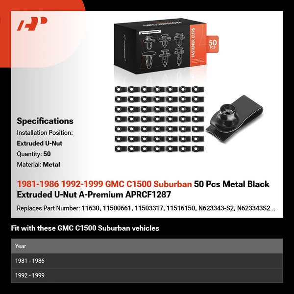 1981-1986 1992-1999 GMC C1500 Suburban 50 Pcs Metal Black Extruded U-Nut A-Premium APRCF1287