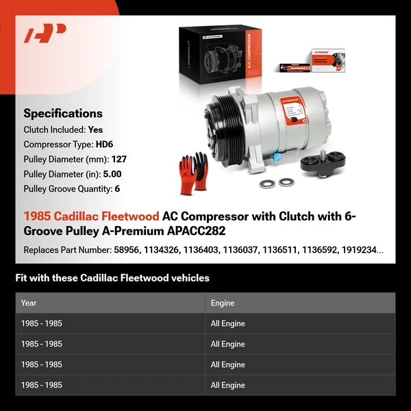 1985 Cadillac Fleetwood AC Compressor with Clutch with 6-Groove Pulley A-Premium APACC282