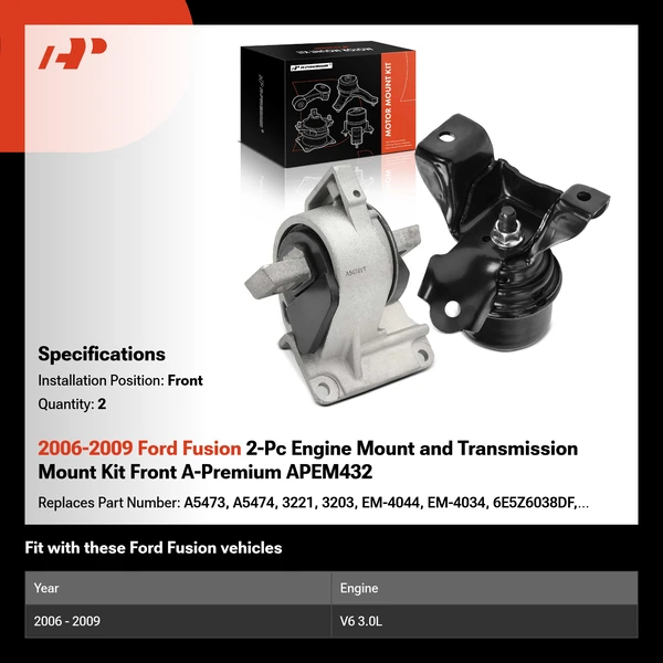 2006-2009 Ford Fusion 2-Pc Engine Mount and Transmission Mount Kit Front A-Premium APEM432