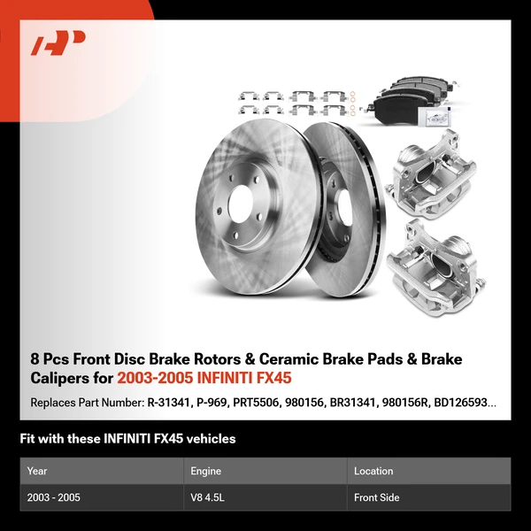 8 Pcs Front Disc Brake Rotors & Ceramic Brake Pads & Brake Calipers for 2003-2005 INFINITI FX45