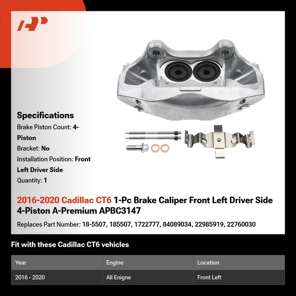 2016-2020 Cadillac CT6 1-Pc Brake Caliper Front Left Driver Side 4-Piston A-Premium APBC3147