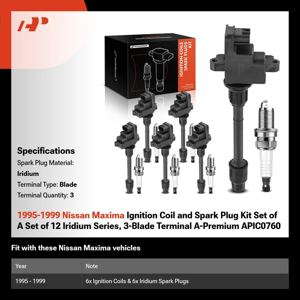 1995-1999 Nissan Maxima Ignition Coil and Spark Plug Kit Set of A Set of 12 Iridium Series, 3-Blade Terminal A-Premium APIC0760