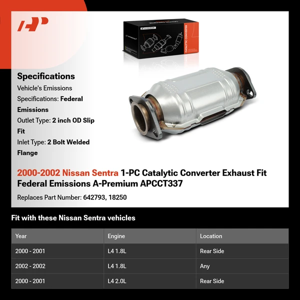 2000-2002 Nissan Sentra 1-PC Catalytic Converter Exhaust Fit Federal Emissions A-Premium APCCT337