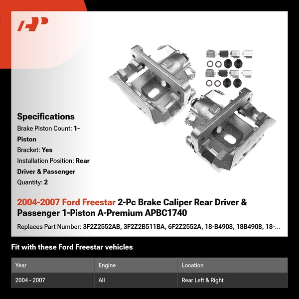 2004-2007 Ford Freestar 2-Pc Brake Caliper Rear Driver & Passenger 1-Piston A-Premium APBC1740