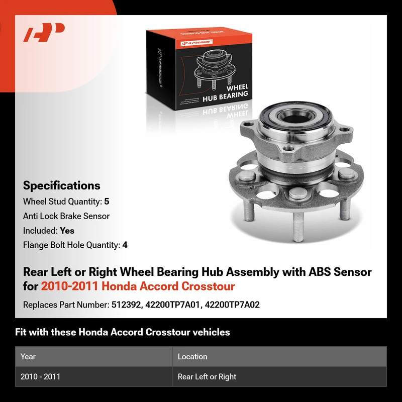 Rear Left or Right Wheel Bearing Hub Assembly with ABS Sensor for 2010-2011 Honda Accord Crosstour