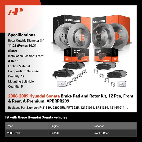 2008-2009 Hyundai Sonata Brake Pad and Rotor Kit, 12 Pcs, Front & Rear, A-Premium, APBRPR299