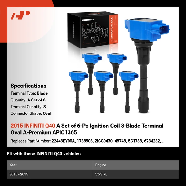 2015 INFINITI Q40 A Set of 6-Pc Ignition Coil 3-Blade Terminal Oval A-Premium APIC1365