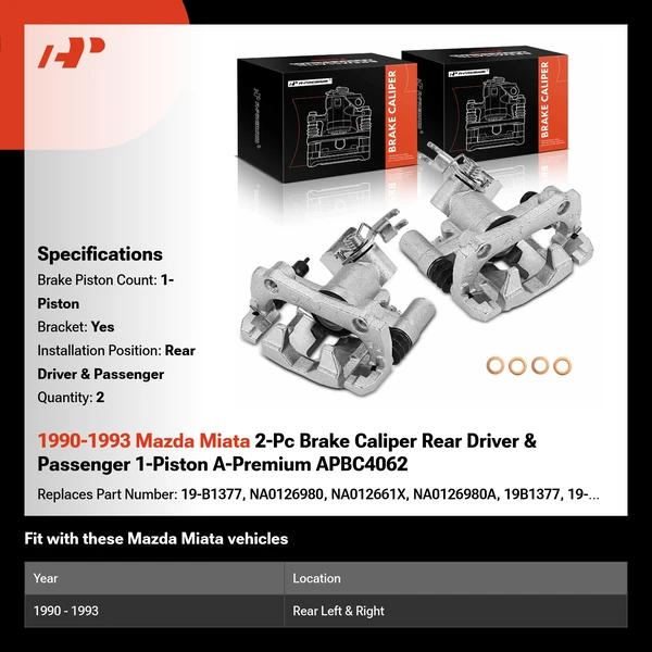 1990-1993 Mazda Miata 2-Pc Brake Caliper Rear Driver & Passenger 1-Piston A-Premium APBC4062