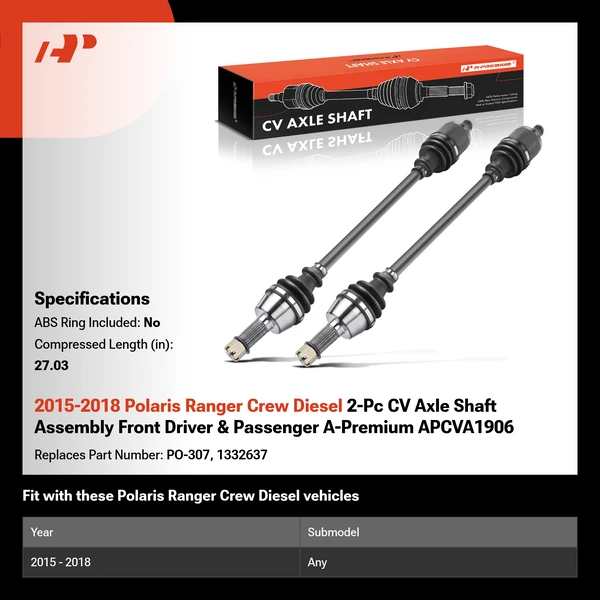 2015-2018 Polaris Ranger Crew Diesel 2-Pc CV Axle Shaft Assembly Front Driver & Passenger A-Premium APCVA1906