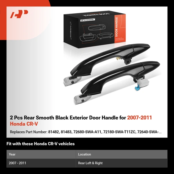 2 Pcs Rear Smooth Black Exterior Door Handle for 2007-2011 Honda CR-V