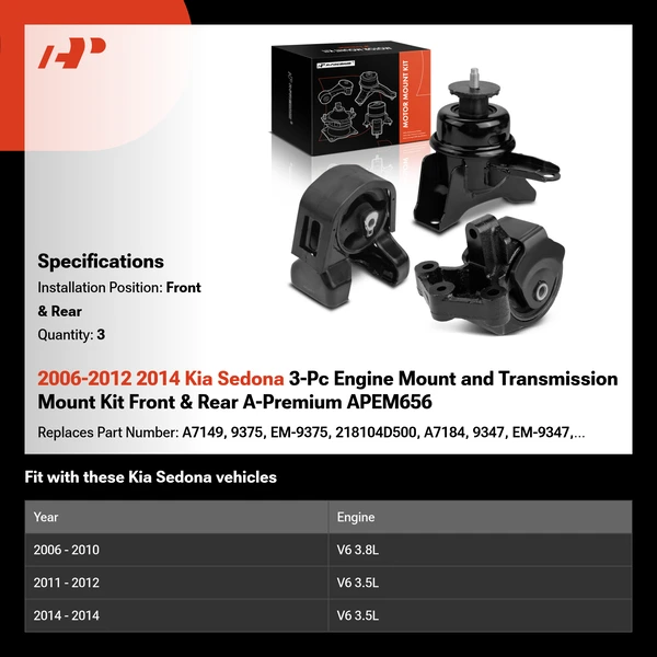 2006-2012 2014 Kia Sedona 3-Pc Engine Mount and Transmission Mount Kit Front & Rear A-Premium APEM656