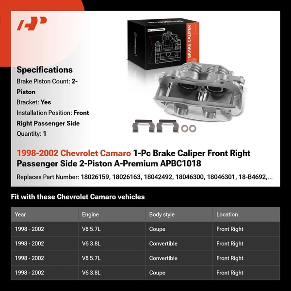 1998-2002 Chevrolet Camaro 1-Pc Brake Caliper Front Right Passenger Side 2-Piston A-Premium APBC1018