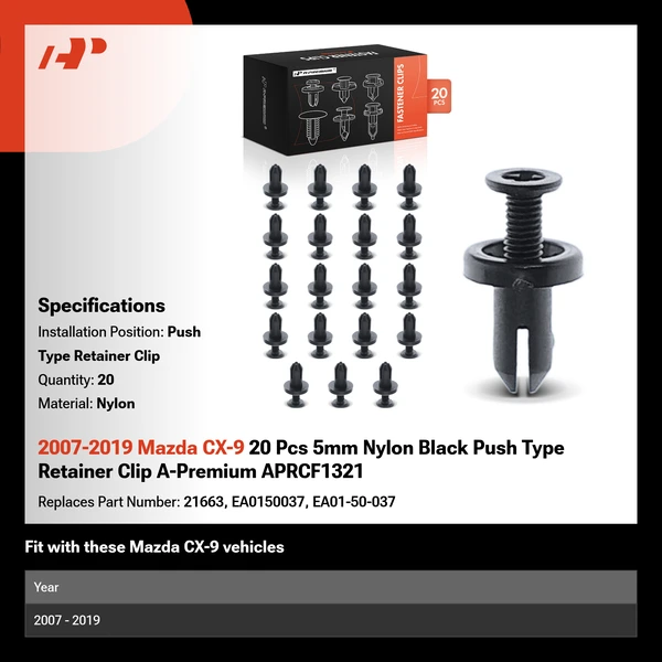 2007-2019 Mazda CX-9 20 Pcs 5mm Nylon Black Push Type Retainer Clip A-Premium APRCF1321