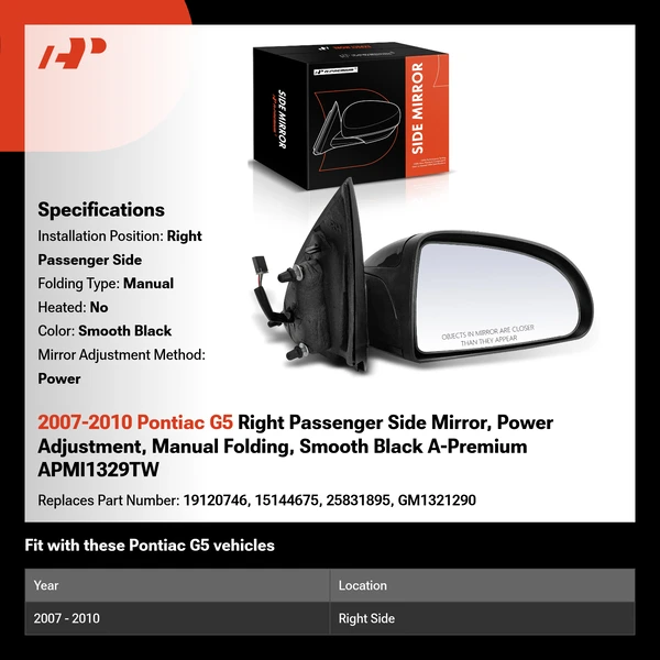 2007-2010 Pontiac G5 Right Passenger Side Mirror, Power Adjustment, Manual Folding, Smooth Black A-Premium APMI1329TW