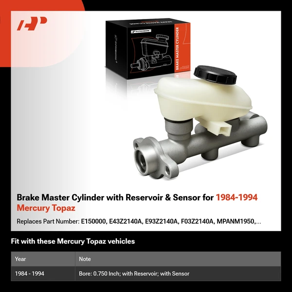 Brake Master Cylinder with Reservoir & Sensor for 1984-1994 Mercury Topaz
