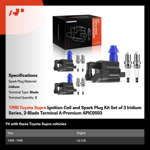 1998 Toyota Supra Ignition Coil and Spark Plug Kit Set of 9 Iridium Series, 2-Blade Terminal A-Premium APIC0503