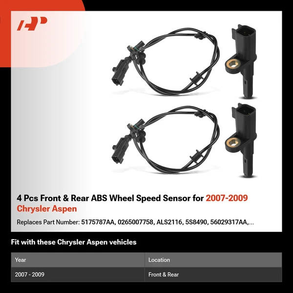 4 Pcs Front & Rear ABS Wheel Speed Sensor for 2007-2009 Chrysler Aspen
