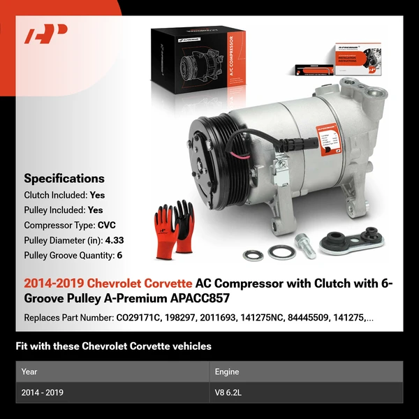 2014-2019 Chevrolet Corvette AC Compressor with Clutch with 6-Groove Pulley A-Premium APACC857