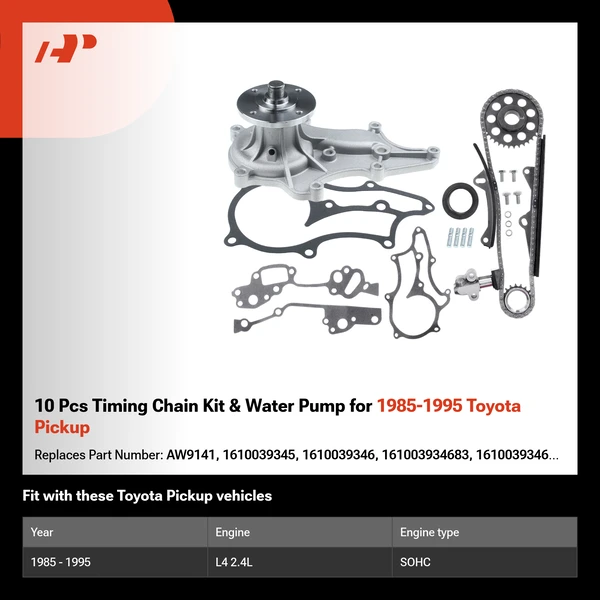 10 Pcs Timing Chain Kit & Water Pump for 1985-1995 Toyota Pickup