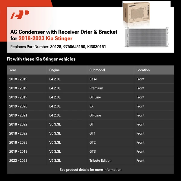 AC Condenser with Receiver Drier & Bracket for 2018-2023 Kia Stinger