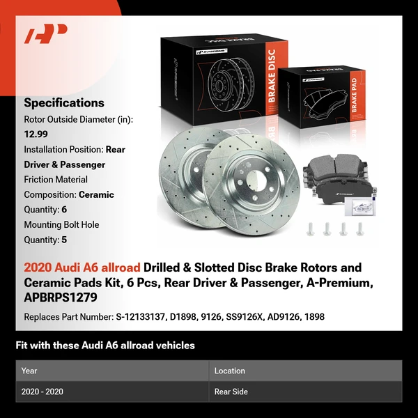 2020 Audi A6 allroad Drilled & Slotted Disc Brake Rotors and Ceramic Pads Kit, 6 Pcs, Rear Driver & Passenger, A-Premium, APBRPS1279