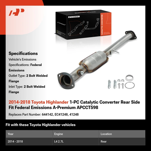 2014-2018 Toyota Highlander 1-PC Catalytic Converter Rear Side Fit Federal Emissions A-Premium APCCT598