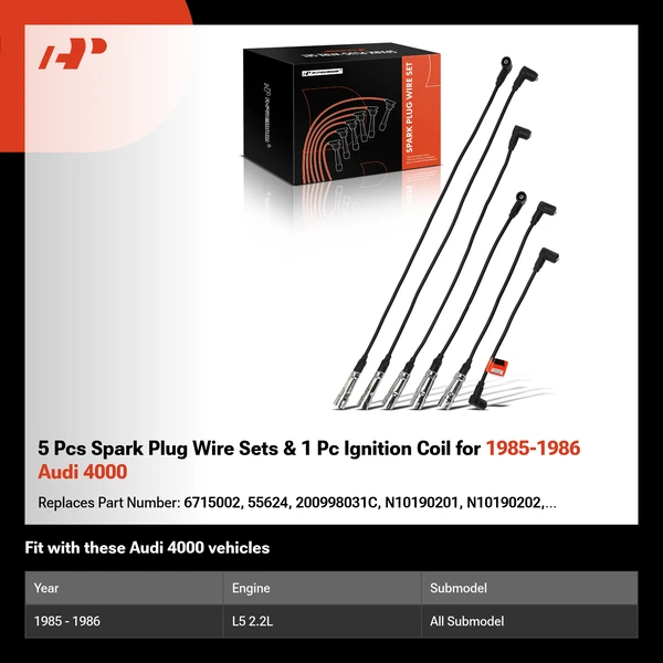 5 Pcs Spark Plug Wire Sets & 1 Pc Ignition Coil for 1985-1986 Audi 4000