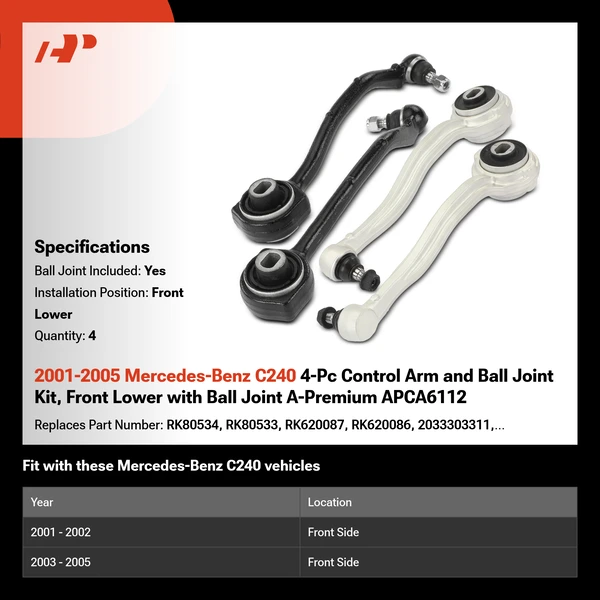 2001-2005 Mercedes-Benz C240 4-Pc Control Arm and Ball Joint Kit, Front Lower with Ball Joint A-Premium APCA6112