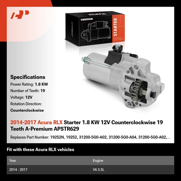 2014-2017 Acura RLX Starter 1.8 KW 12V Counterclockwise 19 Teeth A-Premium APSTR629