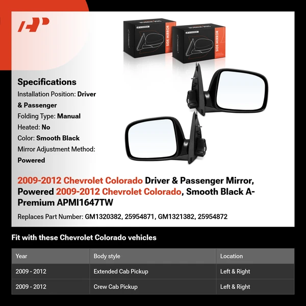 2009-2012 Chevrolet Colorado Driver & Passenger Mirror, Powered 2009-2012 Chevrolet Colorado, Smooth Black A-Premium APMI1647TW