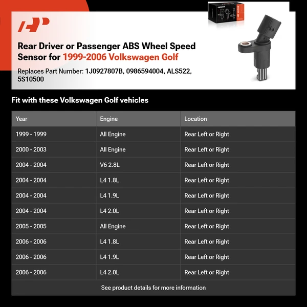 Rear Driver or Passenger ABS Wheel Speed Sensor for 1999-2006 Volkswagen Golf