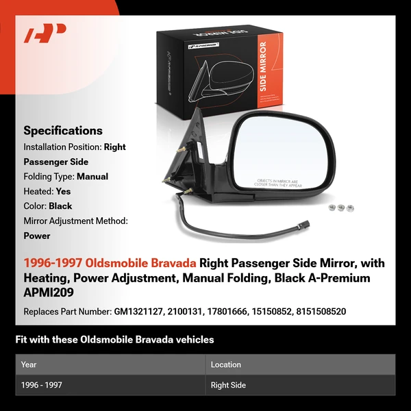 1996-1997 Oldsmobile Bravada Right Passenger Side Mirror, with Heating, Power Adjustment, Manual Folding, Black A-Premium APMI209