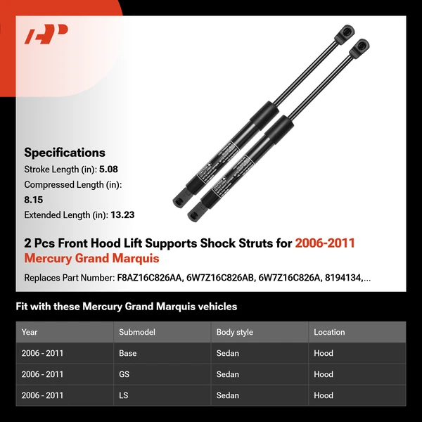 2 Pcs Front Hood Lift Supports Shock Struts for 2006-2011 Mercury Grand Marquis